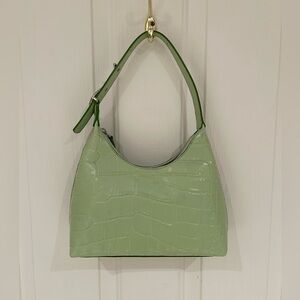STAUD Women Patent Leather Croc-Embossed Shoulder Bag, Light Green, Metal Logo